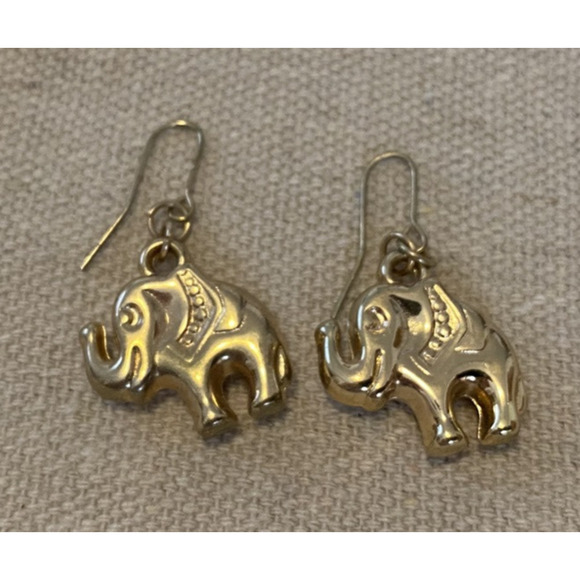 New Yellow Gold Tone Drop/Dangle ELEPHANT EARRINGS 1.5 Inch for Pierced Ears - Picture 4 of 5